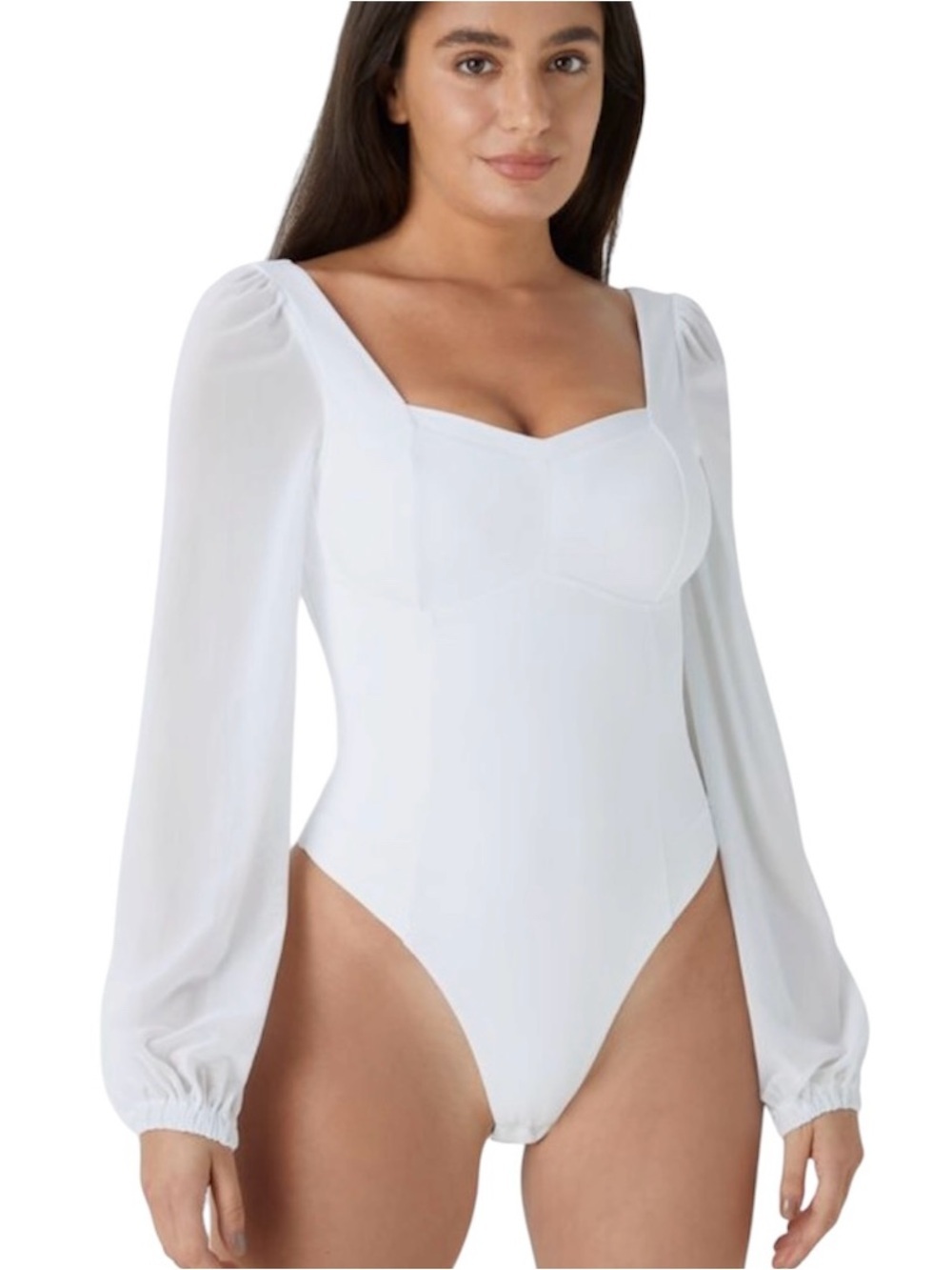Halara SoftlyZero Airy Sweetheart Neck Bodysuit Contrast Mesh Bishop Sleeve M